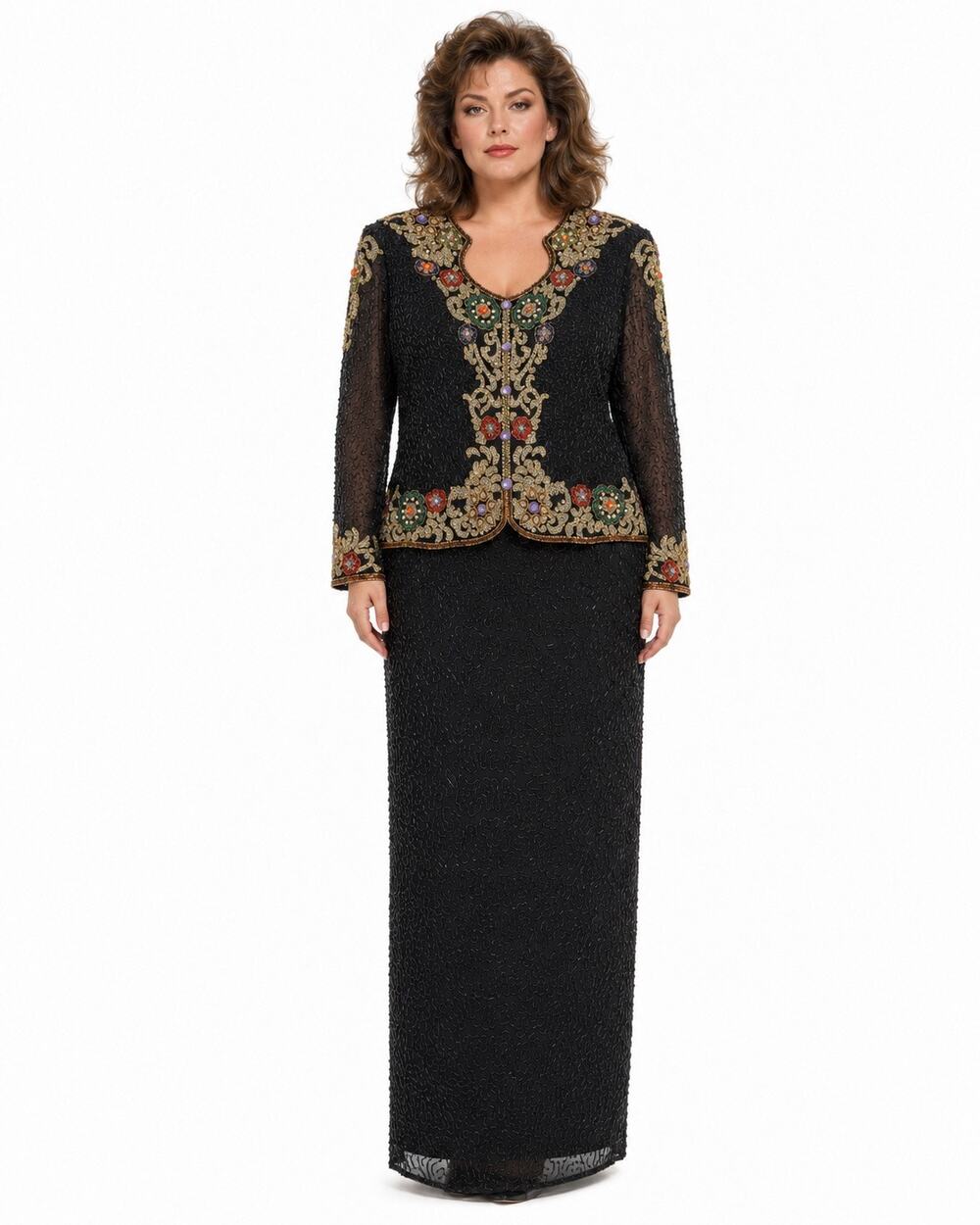 Vintage 1980s Bernadette Designs Beaded Silk 2pc Skirt Set Black XL